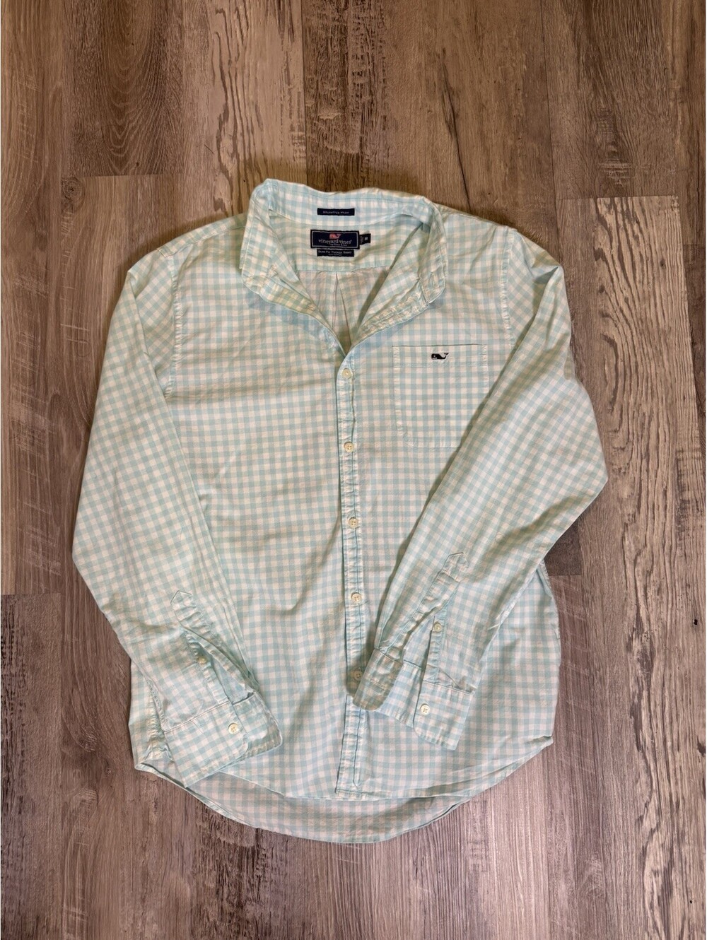 Vineyard Vines Men M Slim Fit Tucker Shirt Gingham Plaid Green 100% Cotton